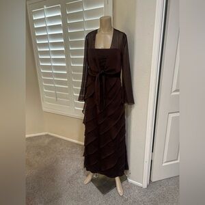 Adrianna papell Brown Ruffle Tiered Evening Dress Jacket Straps Formal Gown Sz 4